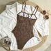 Women's Solid Color One-Piece Swimsuit - Sexy High-Cut Monokini With Floral Embroidery For Beach & Pool_ecoleips.com