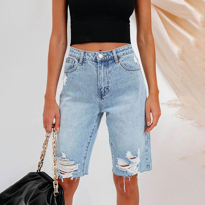 Women'sClothing High Elastic Small Feet Pants Mid Waist Quarter Pants Perforated Jeans_ecoleips.com