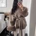 Elegant French Wool Blend Short Coat For Women - V-Neck Belted Tweed Jacket With Faux Fur Cuffs, Classic Solid Colors For Office & Casual Wear_ecoleips.com