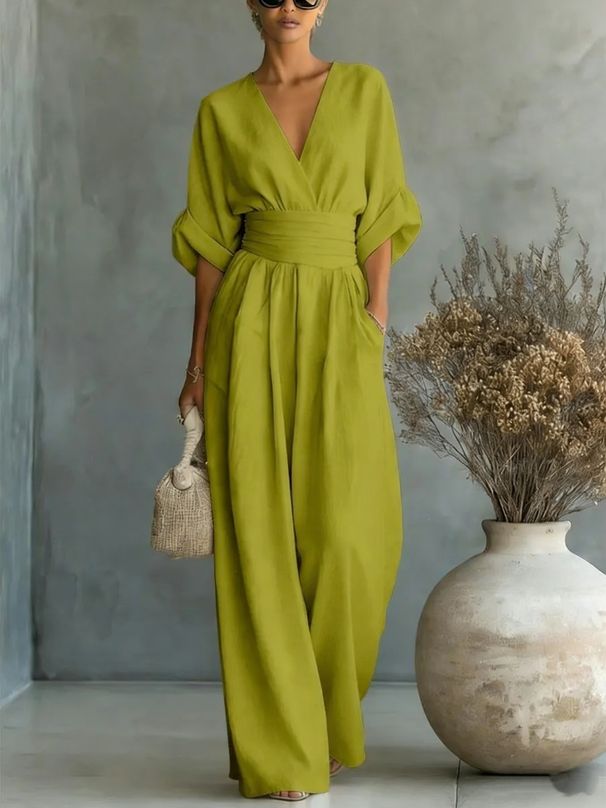 Elegant V-Neck High-Waisted Wide-Leg Jumpsuit For Women, Tummy Control Summer Knitted Romper With 3/4 Sleeves_ecoleips.com