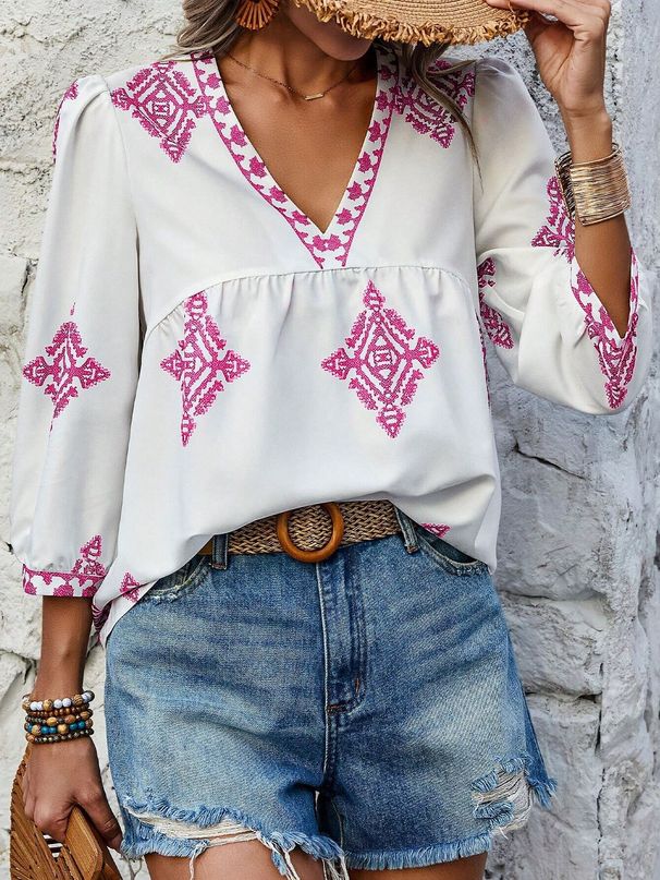 Women's Clothing Women's Summer Fashion Printed Top V Neck Three Quarter Sleeve Style For Formal & Casual For Women_ecoleips.com