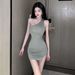 Summer Women Sexy One Shoulder Evening Dress Solid Color Casual Lace Up Sleeveless Bandage Club Party Backless Tight Dress_ecoleips.com