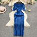 Women's Polo Collar Split Hem Dress - Slim Fit Knit Long Dress With Embroidered Lettering, Short Sleeve Casual Dress For Spring & Summer_ecoleips.com