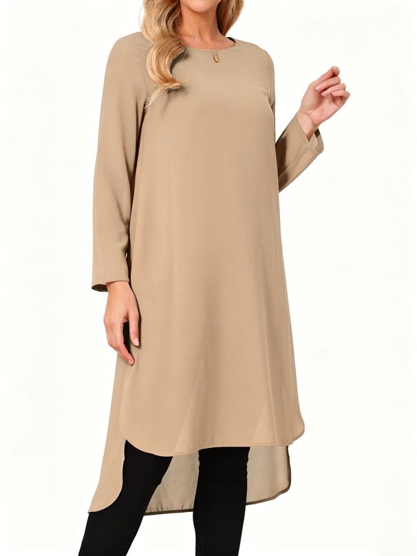 Women's Asymmetrical Chiffon Blouse round Neck Long Sleeves Casual Top Loose Fit Side Slit European American Style 2026_ecoleips.com