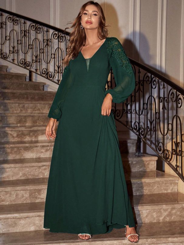 Women's v-neck sexy temperament lantern sleeves sexy backless slit long dress _ecoleips.com