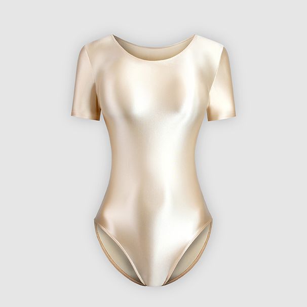 sexy Women Silky Glossy One-piece Japanese Swimsuit Oily Tights Shapewear Shiny Short Sleeve Bodysuit Men's Bathing Suits_ecoleips.com
