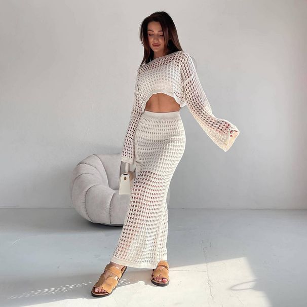 Women's Clothing Salty Temperament Light Mature Style Knitted Hollow Half Length Skirt Two Piece Suit_ecoleips.com