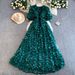 High-End French Style 3D Floral Puff Sleeve Dress Elegant Ethereal Mesh Long Women's Dress_ecoleips.com