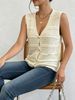 Women Hollow Eyelet Knit Vest, Loose V Neck Button Waistcoat Lightweight Breathable Ribbed Texture Soft Skin Friendly Sleeveless Top_ecoleips.com
