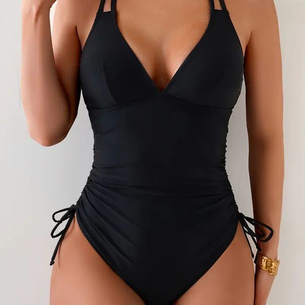 New Women's Black One Piece Swimsuit with Tummy Control Full Coverage Metal Forged Texture And Bust Support 2026_ecoleips.com