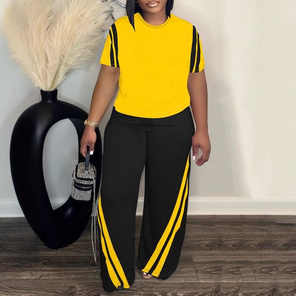 Women's Clothing Large Size Striped Printed Two Piece Round Neck Short Sleeved Top And Pants_ecoleips.com