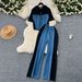 European And American Casual Simple Denim Patchwork Set For Women Summer Polo Collar Zipper Top + High Waist Wide Leg_ecoleips.com