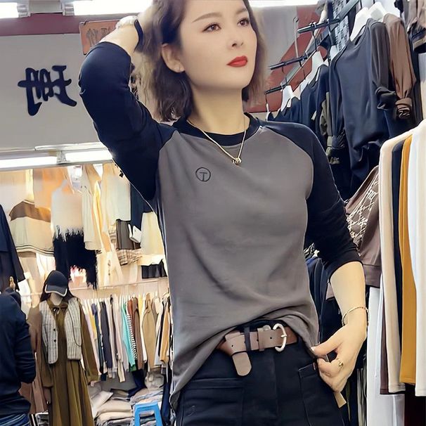 European Hong Kong Style German Fleece Patchwork Color-Block Long-Sleeve T-Shirt For Autumn And Winter, Warm Base Layer_ecoleips.com