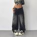 American High Women Trendy Brand Street Pants Five-Pointed Star Embroidery Elastic Waist Loose Straight Jeans Spring_ecoleips.com