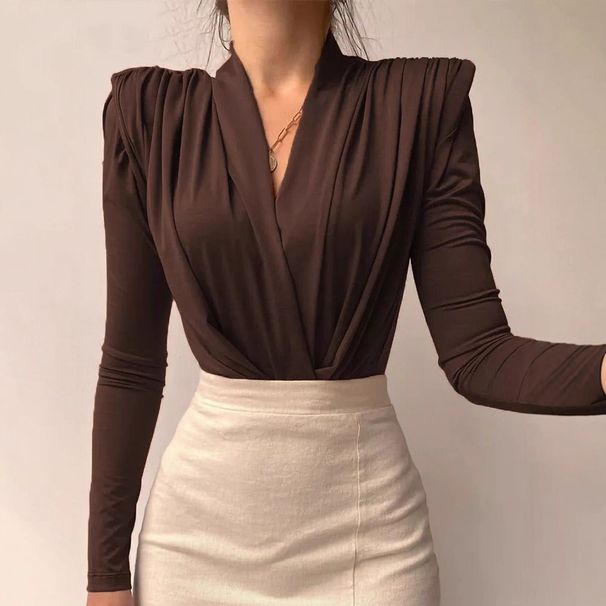 European And American Style Solid Color Slim Fit Long Sleeve Bodysuit Elegant Figure Flattering Pleated Jumpsuit for Women_ecoleips.com