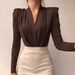 European And American Style Solid Color Slim Fit Long Sleeve Bodysuit Elegant Figure Flattering Pleated Jumpsuit for Women_ecoleips.com