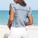 Women's Light Blue Denim Jacket Ruffled Sleeves Button Down Casual Short Sleeve For Spring Summer_ecoleips.com