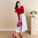 Autumn New Korean Fashion Mid-Length + Small Cardigan Two-Piece Set Maternity Dress_ecoleips.com