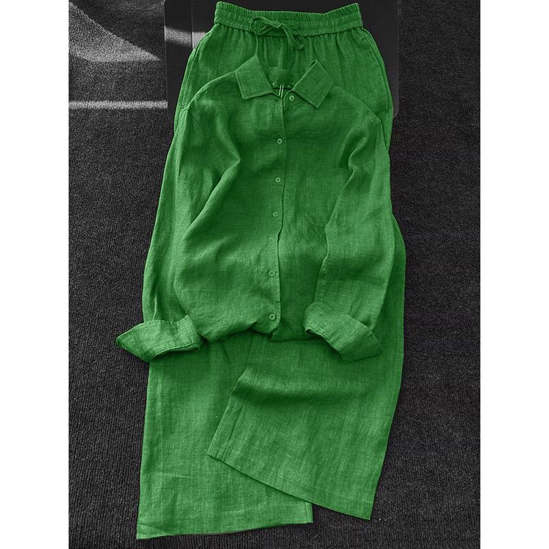 Women's Linen Relaxed Fit Set – Oversized Lapel Shirt & Wide-Leg Pants | Korean-Inspired Loose Style | Breathable Summer Outfit In Sage Green_ecoleips.com