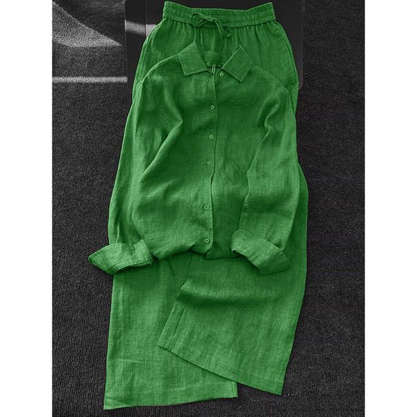 Women's Linen Relaxed Fit Set – Oversized Lapel Shirt & Wide-Leg Pants | Korean-Inspired Loose Style | Breathable Summer Outfit In Sage Green_ecoleips.com