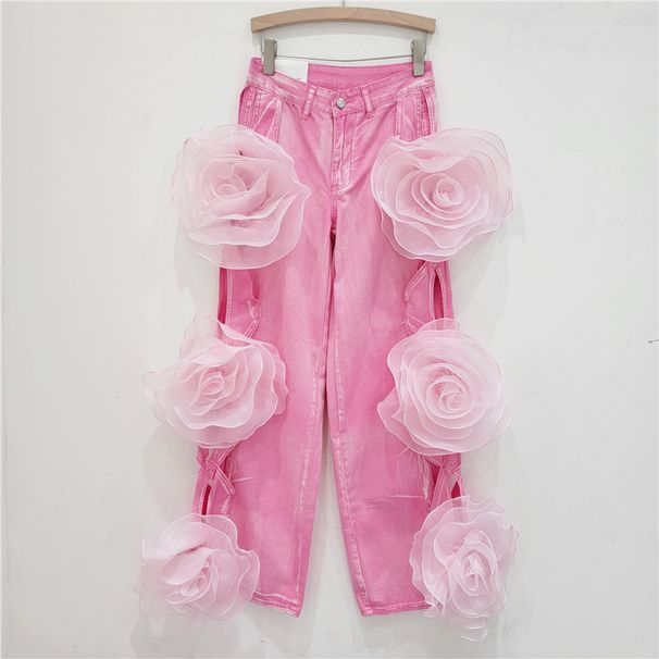 Floral Cutout High-Waisted Wide-Leg Pants - Trendy Pink Distressed Denim Palazzo Pants_ecoleips.com