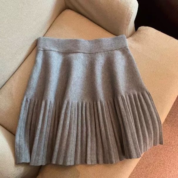 High-Waisted Pleated Midi Skirt for Women Autumn Winter Elastic Short Bodycon Knitted Base Simple Style Bottoms_ecoleips.com