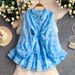 Luxury Yellow V Neck Dress for Women Dopamine Style Lantern Sleeve Chiffon Print Ruffled Cake Design Niche Super Fairy Fashion_ecoleips.com