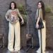 Women's Clothing Fashion Summer Two Piece Set Letter Print Color Block Short Sleeve Top With Slimming Wide Leg Pants_ecoleips.com