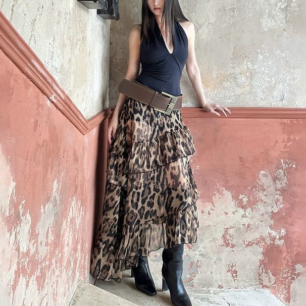 Verve 2025 Summer New Women's Street Fashion Leopard Print High Waist Loose Skirt_ecoleips.com
