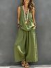 Women's Cotton Linen Two Piece Set V Neck Vest And Trousers Solid Color Clothing_ecoleips.com