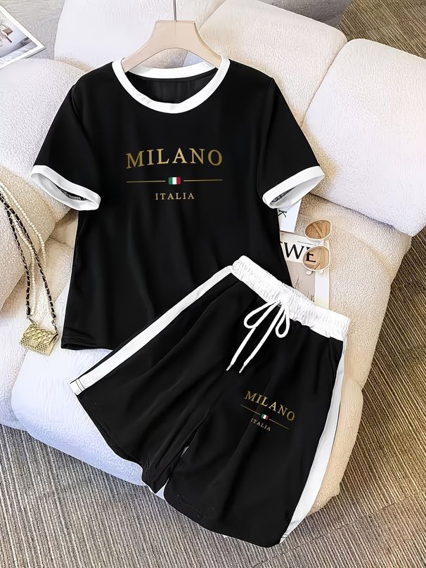 Women's Summer Casual Letter Print Short Sleeve T-Shirt & 5-Point Shorts Set - Stylish Outfit 8010 Print_ecoleips.com