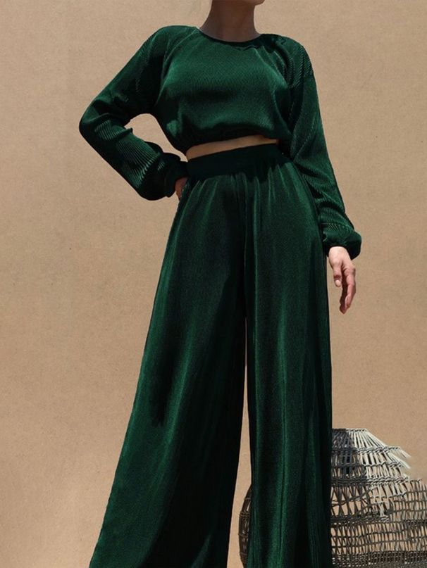 Women's Clothing Casual Pleated Women's Fashion Solid Color Long Sleeved Round Neck Top Wide Leg Pants Suit_ecoleips.com