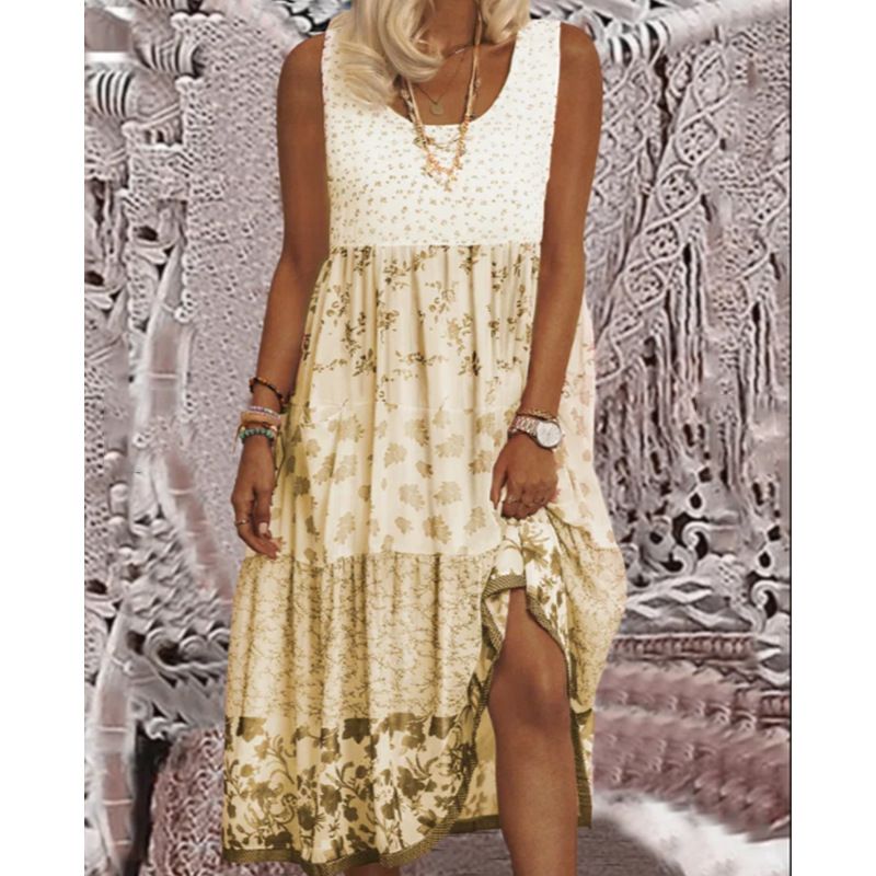 European And American Cross-Border Women's Summer Printed Strap Pink Loose Waist Mid-Size Plus Size Long Dress For Women_ecoleips.com