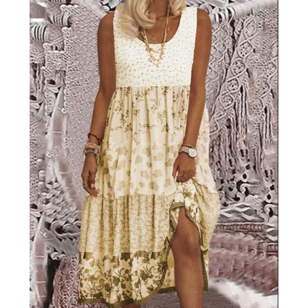European And American Cross-Border Women's Summer Printed Strap Pink Loose Waist Mid-Size Plus Size Long Dress For Women_ecoleips.com