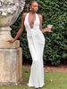 Hugcitar Halter V Neck Ruched Backless Sexy Bandage Draped Sexy Maxi Dress Summer Elegant Vacation Y2K Clothes Birthday Party_ecoleips.com