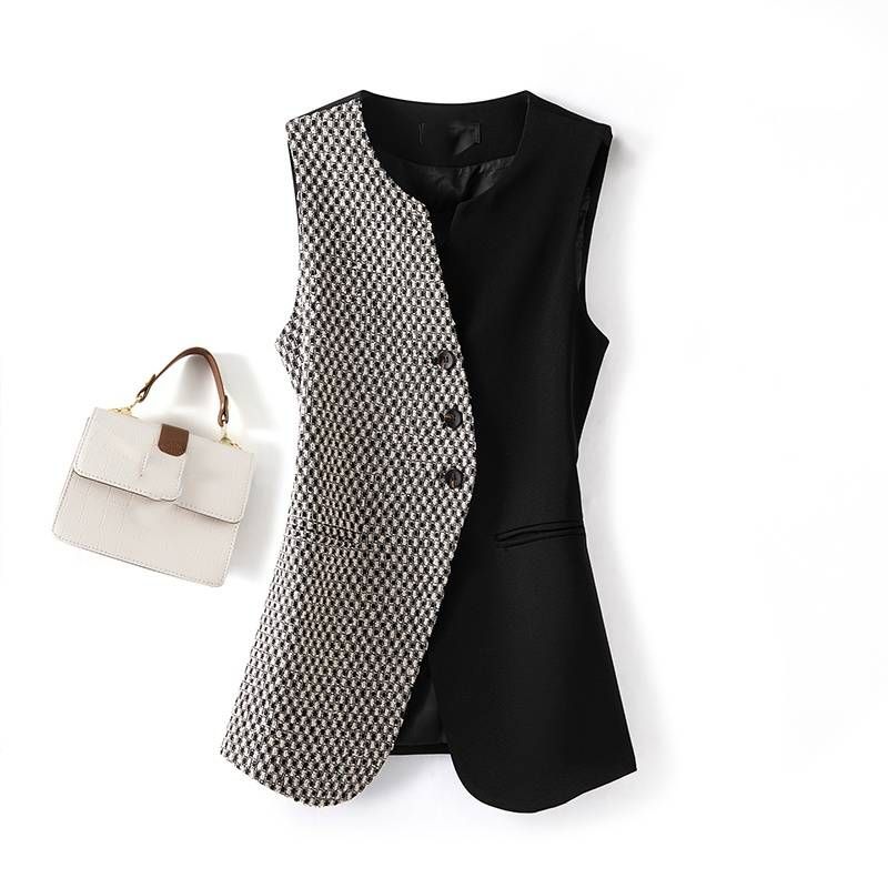Women's Clothing round neck vest new design slim fit plaid vest outer wear waistcoat _ecoleips.com