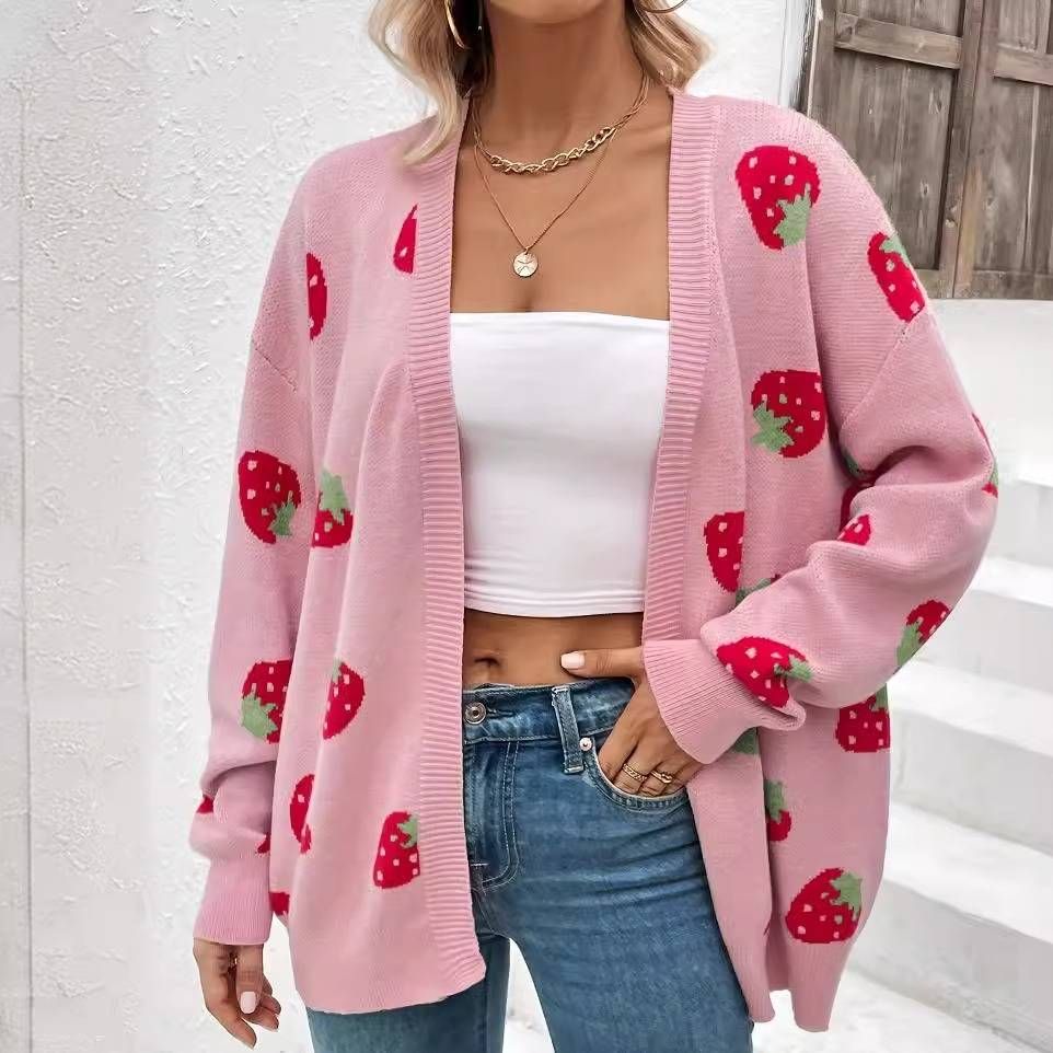 Women's Strawberry Jacquard Cardigan – Oversized V-Neck Long-Sleeve Cover-Up (S-XXL)_ecoleips.com