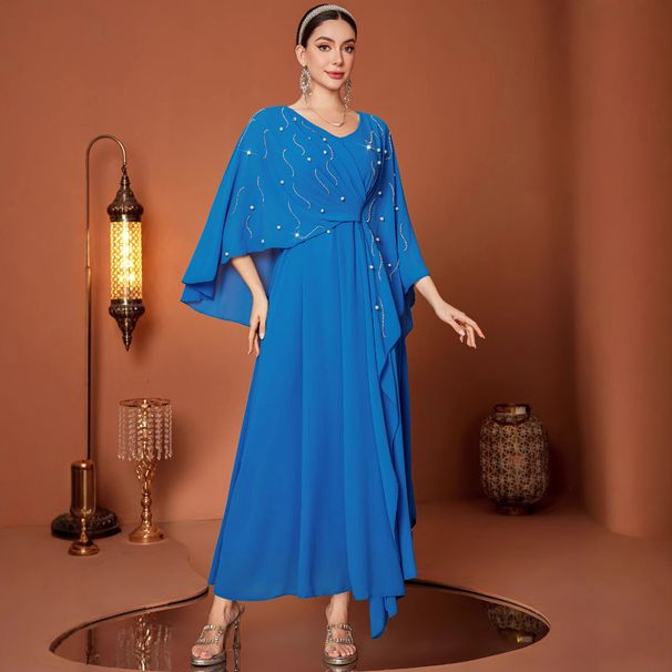 Muslim Dress Women Elegant Blue Cape-Style Middle Eastern Dress With Beaded Detailing – Dubai Banquet & Travel Outfit_ecoleips.com