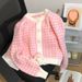 Soft Pink Checkered Knit Cardigan For Women - Cozy Short Sleeve Open Front Sweater, Lightweight & Stylish_ecoleips.com