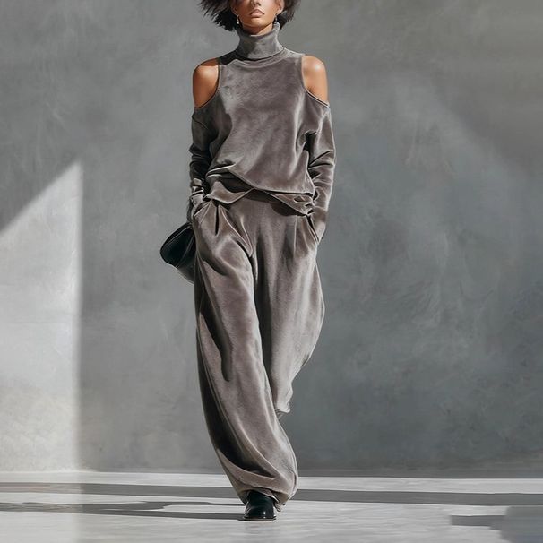 Autumn/Winter Women's Casual Sportswear Set Korean Long Sleeved Solid Color High Neck Zipper Wide Leg Pants_ecoleips.com