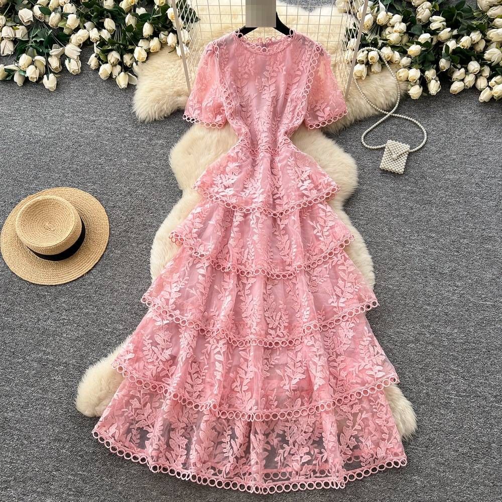 Women's Pink Lace Dress High Waisted Cake Skirt Long Elegant Korean Style French Sweet Summer Dress_ecoleips.com