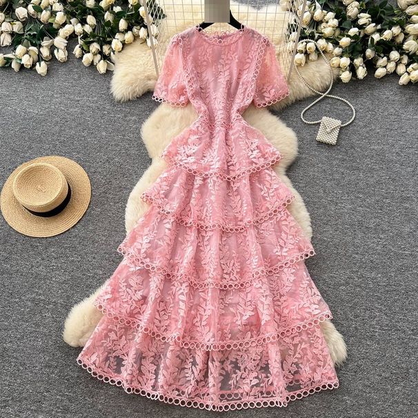 Women's Pink Lace Dress High Waisted Cake Skirt Long Elegant Korean Style French Sweet Summer Dress_ecoleips.com