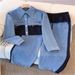2027 Fashion Women Lapel Single-Breasted Long Sleeve Jacket + Lace-Up Straight Pants Denim Splicing Two-Piece Casual Suits M-3XL_ecoleips.com