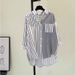 Women's Linen-Blend Striped Shirt – Oversized Boho Chic Top With Contrast Pocket (S-2xl, Wrinkle-Resistant Polyester) – Navy, Matcha, Tangerine_ecoleips.com
