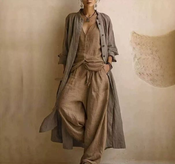 Women's Retro Linen Set Spring Summer New Printed Loose Fit 3 Piece Clothing_ecoleips.com