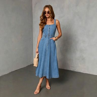 Vintage Women's Square Neck Sleeveless Denim Dress High Waist Belted A-Line Long Casual Summer Dress_ecoleips.com