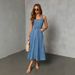 Vintage Women's Square Neck Sleeveless Denim Dress High Waist Belted A-Line Long Casual Summer Dress_ecoleips.com
