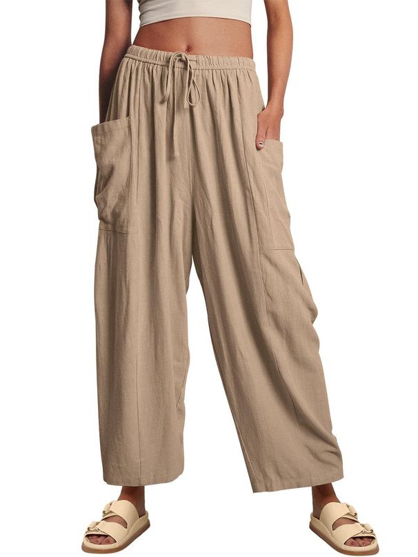 Women's Linen-Blend Elastic Waist Wide-Leg Pants - Crinkle Texture Mid-Rise Straight Leg Cropped Trousers_ecoleips.com