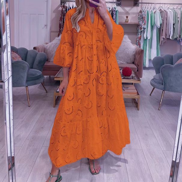 Women's Clothing Summer And Autumn French V Neck Trumpet Sleeve Lace Hollow Solid Color Sexy Long Dress For Women_ecoleips.com