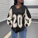 Women's American Style Patchwork Loose Fitting Jersey V Neck Color Blocking Casual Long Sleeve Sweatshirt Street Style Sexy Versatile_ecoleips.com